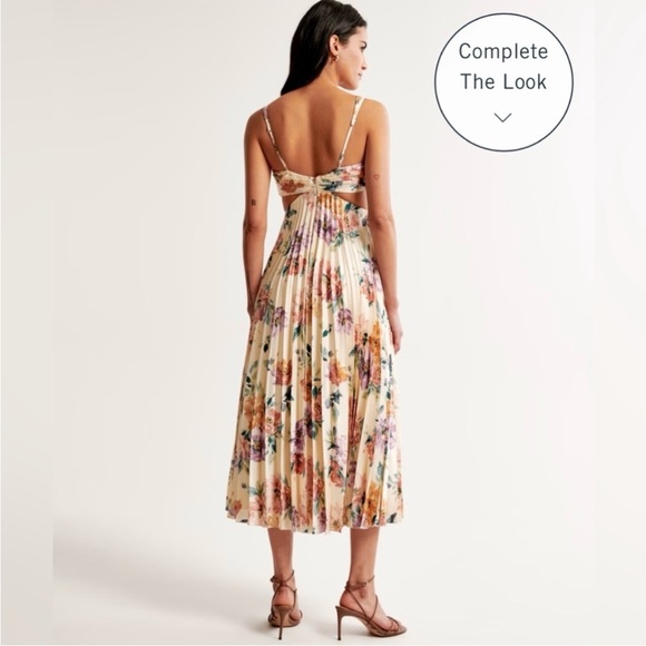 Abercrombie Fitch A&F Satin Giselle Pleated Cutout Maxi Midi Dress cream floral - Picture 13 of 13